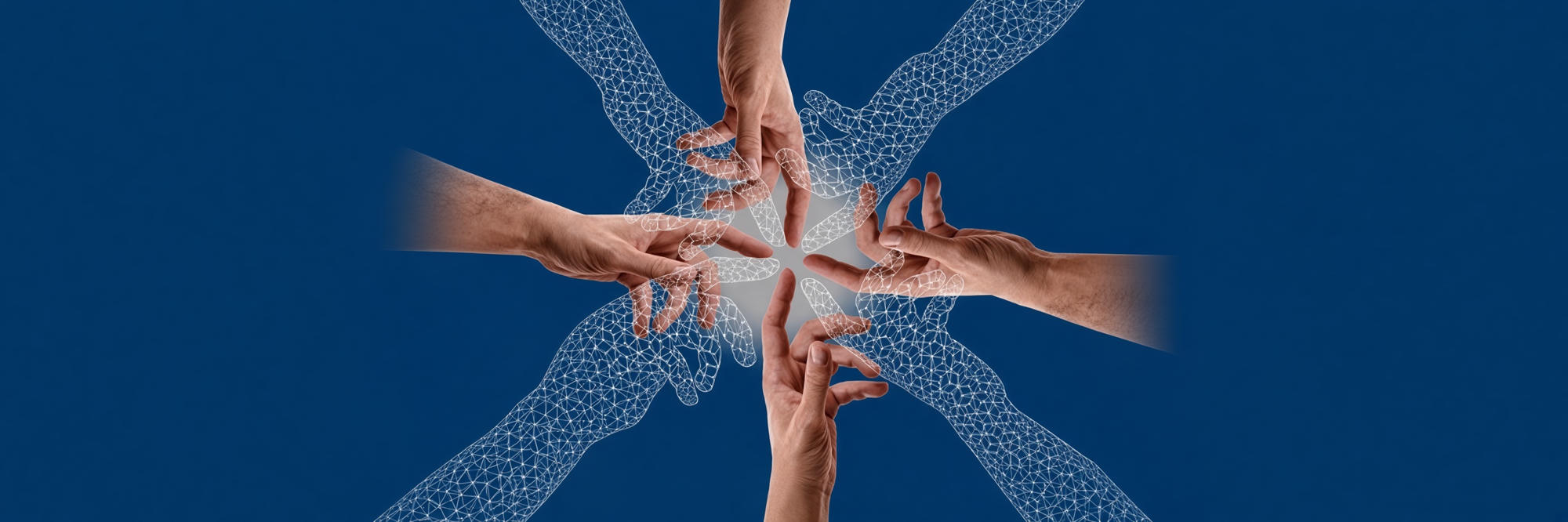 Hands reaching toward one another over a deep blue background